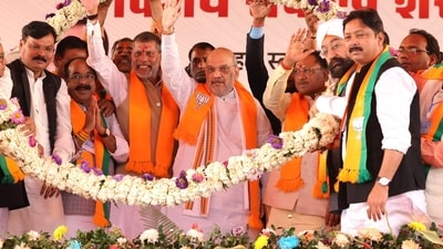 Union home minister Amit Shah at the ‘Vijay Sankalp Shankhnad’ rally in Chhattigarh's Janjgir.