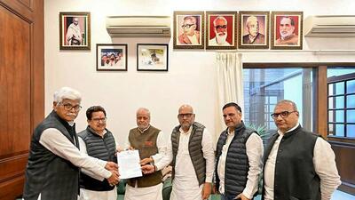 Bharat Jodo Nyay Yatra convenor PL Punia, along with U.P. Congress chief Ajay Rai, meets Samajwadi Party leaders to invite the party for joining the ‘yatra’, in Lucknow on Thursday. (PTI PHOTO) Bharat Jodo Nyay Yatra convenor PL Punia, along with U.P. Congress chief Ajay Rai, meets Samajwadi Party leaders to invite the party for joining the ‘yatra’, in Lucknow on Thursday. (PTI PHOTO)