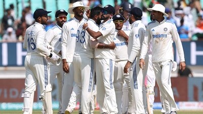 India's Jasprit Bumrah celebrates with teammates after taking the lbw wicket of England's Zak Crawley (REUTERS)