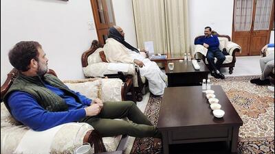 Congress president Mallikarjun Kharge, party leaders Rahul Gandhi with Delhi chief minister and AAP national convenor Arvind Kejriwal during a meeting, at Mallikarjun Kharge's residence in New Delhi in January. (ANI) Congress president Mallikarjun Kharge, party leaders Rahul Gandhi with Delhi chief minister and AAP national convenor Arvind Kejriwal during a meeting, at Mallikarjun Kharge's residence in New Delhi in January. (ANI)
