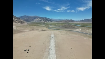 Defence minister Rajnath Singh remotely laid the foundation stone of the Nyoma airfield, located at a height of 13,300 feet and 23 km from LAC in Ladakh, in September 2023. (FILE) Defence minister Rajnath Singh remotely laid the foundation stone of the Nyoma airfield, located at a height of 13,300 feet and 23 km from LAC in Ladakh, in September 2023. (FILE)