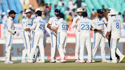India's players celebrate after India won the third Test against England in Rajkot (AP) India's players celebrate after India won the third Test against England in Rajkot (AP)