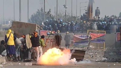 Police and farmers clash at the Shambhu border of Punjab and Haryana. (Ravi Kumar/HT) (HT_PRINT)