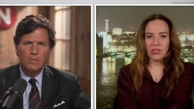 Tucker Carlson speaks to WikiLeaks founder Julian Assange's wife Stella after conclusion of a two-day of crucial hearing on his extradition. (X@TuckerCarlson) Tucker Carlson speaks to WikiLeaks founder Julian Assange's wife Stella after conclusion of a two-day of crucial hearing on his extradition. (X@TuckerCarlson)
