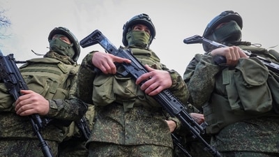 Russian soldiers line up during an opening ceremony of the memorial to Russian service members killed during Russia-Ukraine conflict, in Yevpatoriya, Crimea. (REUTERS)