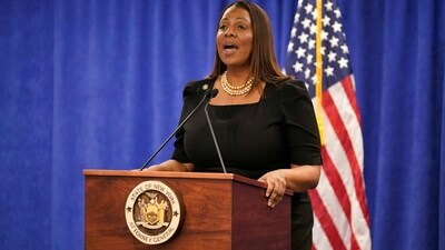 New York Attorney General Letitia James speaks during a press conference at the Office of the Attorney General in New York on February 16, 2024. (Photo by TIMOTHY A. CLARY / AFP) (AFP)