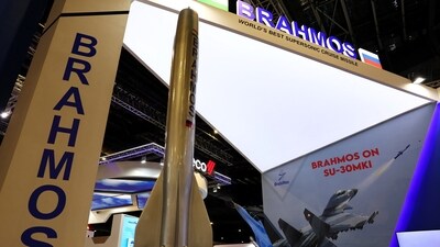 A view of the Brahmos booth at the Singapore Airshow at Changi Exhibition Centre in Singapore February 21, 2024. (REUTERS)
