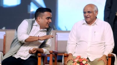 Gujarat Chief Minister Bhupendra Bhai Patel with Minister for State for Home Harsh Sanghav. (PTI) Gujarat Chief Minister Bhupendra Bhai Patel with Minister for State for Home Harsh Sanghav. (PTI)