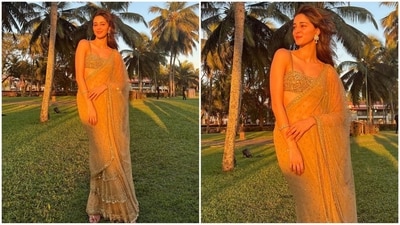 Ananya Pandey's glamorous saree look at Rakul Preet Singh and Jackky Bhagnani's wedding in Goa (Instagram/@ananyapanday) Ananya Pandey's glamorous saree look at Rakul Preet Singh and Jackky Bhagnani's wedding in Goa (Instagram/@ananyapanday)