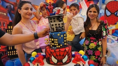 Saba Ali Khan Pataudi, aunt of Jeh Ali Khan, shared some inside pictures from his third birthday celebrations on Instagram, and they are absolutely adorable. One of them featured the birthday boy with his huge Spider-Man cake. As mom Kareena Kapoor fed him cake, aunts Soha Ali Khan and Saba looked on. Soha carried daughter Inaaya Naumi Kemmu in her arms. Saba Ali Khan Pataudi, aunt of Jeh Ali Khan, shared some inside pictures from his third birthday celebrations on Instagram, and they are absolutely adorable. One of them featured the birthday boy with his huge Spider-Man cake. As mom Kareena Kapoor fed him cake, aunts Soha Ali Khan and Saba looked on. Soha carried daughter Inaaya Naumi Kemmu in her arms.