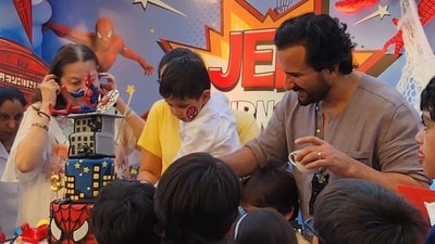 Kareena Kapoor and Saif Ali Khan seen with her mother Babita Kapoor for their son Jeh's birthday party in Mumbai. Jeh had a Spider-Man themed birthday party that had many celebs and star kids in attendance. (Instagram) Kareena Kapoor and Saif Ali Khan seen with her mother Babita Kapoor for their son Jeh's birthday party in Mumbai. Jeh had a Spider-Man themed birthday party that had many celebs and star kids in attendance. (Instagram)