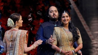Anant Ambani-Radhika Merchant wedding: Radhika Merchant and Anant Ambani are seen.