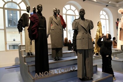 Creations of Saribah by Deborah Latouche are displayed at the fashion hub part of the women's Fall-Winter 2024-25 collection presented in Milan, northern Italy, (AP Photo/Antonio Calanni) Creations of Saribah by Deborah Latouche are displayed at the fashion hub part of the women's Fall-Winter 2024-25 collection presented in Milan, northern Italy, (AP Photo/Antonio Calanni)