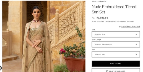 Ananya Pandey's saree is from the brand Arpita Mehta and costs ₹170, 500 lakh. (shopkynah.com) Ananya Pandey's saree is from the brand Arpita Mehta and costs ₹170, 500 lakh. (shopkynah.com)