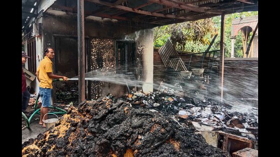 Smoke billows from a fire that broke out amid clashes between armed groups and security forces, in Manipur, on May 28, 2023. (PTI)