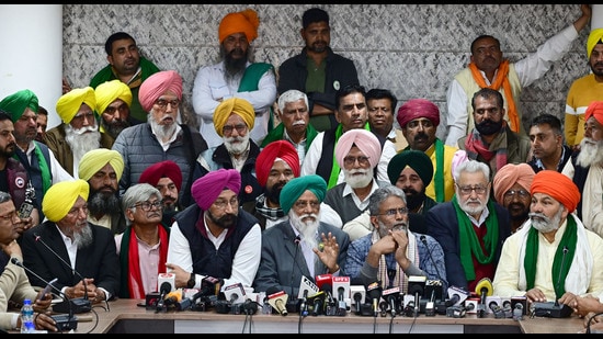 Balbir Singh Rajewal along with ther leaders under the SKM interacting with media at Kisan Bhawan in Chandigarh on Wednesday. (Ravi Kumar/HT)