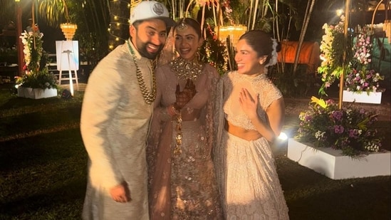 Bhumi Pednekar shared a picture with the couple at the end of festivities, writing, “I’ve never met 2 people that are so alike, just meant to be together. Wishing my lovelies the best life ahead. @rakulpreet @jackkybhagnani love you both so much. Today was so magical.”(Instagram)