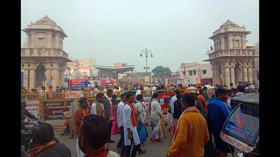 Devotees arrive to offer prayers at Ram Janmabhoomi Temple, in Ayodhya on Thursday. (ANI Photo)