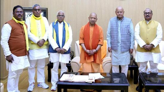 SBSP chief Om Prakash Rajbhar and others meet chief minister Yogi Adityanath in Lucknow on Thursday. (ANI PHOTO)