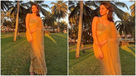 Ananya Pandey's glamorous saree look at Rakul Preet Singh and Jackky Bhagnani's wedding in Goa (Instagram/@ananyapanday)