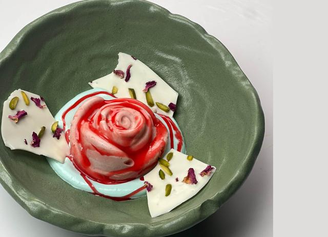 For dessert, expect dishes like the candied rose kulfi with butterfly pea rabri . For dessert, expect dishes like the candied rose kulfi with butterfly pea rabri .