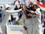 India's Akash Deep celebrates after taking the wicket of England's Ben Duckett.