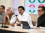 Congress leader KC Venugopal along with Ajay Maken addresses a press conference at AICC Headquarters in New Delhi, India, on Thursday, February 22, 2024.  (Photo by Sanchit Khanna/ Hindustan Times)