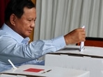 Presidential candidate Prabowo Subianto votes at a polling station during the general election in Indonesia.