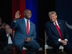 Senator Tim Scott, a Republican from South Carolina, center left, and former US President Donald Trump during a Fox News town hall in Greenville, South Carolina, US, on Tuesday, Feb. 20, 2024. Photographer: Victor J. Blue/Bloomberg Senator Tim Scott, a Republican from South Carolina, center left, and former US President Donald Trump during a Fox News town hall in Greenville, South Carolina, US, on Tuesday, Feb. 20, 2024. Photographer: Victor J. Blue/Bloomberg