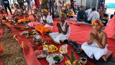 Batuk Brahmins offer prayer at the Sangam during the Magh Mela festival, in Prayagraj on Friday ahead of Maghi Purnima. (ANI) Batuk Brahmins offer prayer at the Sangam during the Magh Mela festival, in Prayagraj on Friday ahead of Maghi Purnima. (ANI)