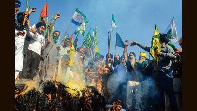 Farmers burn effigies during the 'Black Day' protest at the Punjab-Haryana Shambhu border, in Patiala district. (PTI) Farmers burn effigies during the 'Black Day' protest at the Punjab-Haryana Shambhu border, in Patiala district. (PTI)