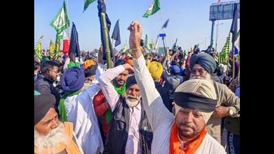 Farmers tying a black cloth on their turbans to mark Black Day protest against the Union government and Haryana government during their ongoing 'Delhi Chalo' march, at Shambhu Border in Patiala on Friday. (ANI) Farmers tying a black cloth on their turbans to mark Black Day protest against the Union government and Haryana government during their ongoing 'Delhi Chalo' march, at Shambhu Border in Patiala on Friday. (ANI)