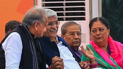 Union Minister Gajendra Singh Shekhawat, former Rajasthan CMs Vasundhara Raje and Ashok Gehlot during the swearing-in ceremony of BJP leader Bhajan Lal Sharma as Rajasthan Chief Minister, in Jaipur. (PTI / File) Union Minister Gajendra Singh Shekhawat, former Rajasthan CMs Vasundhara Raje and Ashok Gehlot during the swearing-in ceremony of BJP leader Bhajan Lal Sharma as Rajasthan Chief Minister, in Jaipur. (PTI / File)