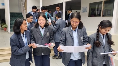 Students of City Montessori School, Lucknow branch discussing English literature question paper after the exam on Friday (Handout) Students of City Montessori School, Lucknow branch discussing English literature question paper after the exam on Friday (Handout)