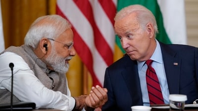 Indian Prime Minister Narendra Modi and US President Joe Biden during a meeting in the East Room of the White House, June 24, 2023, in Washington. (AP Photo/Evan Vucci, File) Indian Prime Minister Narendra Modi and US President Joe Biden during a meeting in the East Room of the White House, June 24, 2023, in Washington. (AP Photo/Evan Vucci, File)