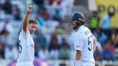 England's Joe Root, left, gesture as he celebrates his century on the first day of the fourth cricket test match between England and India in Ranchi, India, Friday, Feb. 23, 2024. (AP) England's Joe Root, left, gesture as he celebrates his century on the first day of the fourth cricket test match between England and India in Ranchi, India, Friday, Feb. 23, 2024. (AP)