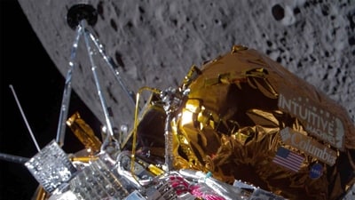 This image provided by Intuitive Machines shows its Odysseus lunar lander over the near side of the moon following lunar orbit insertion on Wednesday, Feb. 21, 2024. (Intuitive Machines via AP) This image provided by Intuitive Machines shows its Odysseus lunar lander over the near side of the moon following lunar orbit insertion on Wednesday, Feb. 21, 2024. (Intuitive Machines via AP)