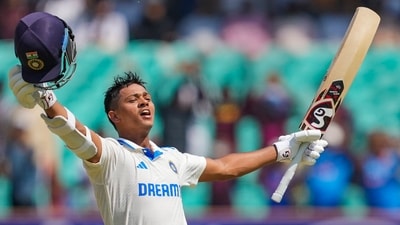 India's Yashasvi Jaiswal celebrates scoring 200 runs against England (PTI) India's Yashasvi Jaiswal celebrates scoring 200 runs against England (PTI)