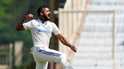 India's Akash Deep enjoyed a stellar first day in Test cricket, as he picked three wickets in the opening session; here, he celebrates the wicket of Zak Crawley (PTI) India's Akash Deep enjoyed a stellar first day in Test cricket, as he picked three wickets in the opening session; here, he celebrates the wicket of Zak Crawley (PTI)