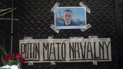 A photo of Alexei Navalny and a sign with a message that reads in Spanish: "Putin killed Navalny" are taped to a gate outside the Russian embassy in Buenos Aires, Argentina. (AP) A photo of Alexei Navalny and a sign with a message that reads in Spanish: "Putin killed Navalny" are taped to a gate outside the Russian embassy in Buenos Aires, Argentina. (AP)