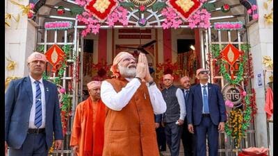 Prime Minister Narendra Modi at Guru Ravidas Janmasthan temple in Varanasi on Friday. (ANI PHOTO)