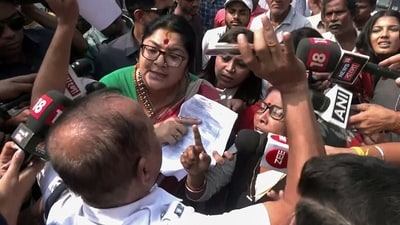 BJP MP Locket Chatterjee and a team of BJP women leaders were stopped on their way to Sandeshkhali, West Bengal, on Friday. BJP MP Locket Chatterjee and a team of BJP women leaders were stopped on their way to Sandeshkhali, West Bengal, on Friday.