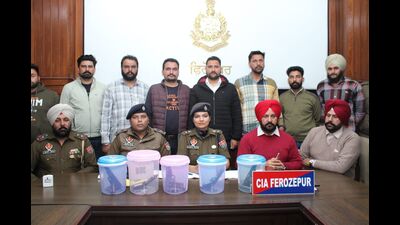 Soumya Mishra, senior superintendent of police, Ferozepur giving details about recovery of firearms in Ferozepur on Friday