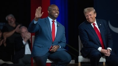 Senator Tim Scott, a Republican from South Carolina, center left, and former US President Donald Trump during a Fox News town hall in Greenville, South Carolina, US, on Tuesday, Feb. 20, 2024. Photographer: Victor J. Blue/Bloomberg (Bloomberg) Senator Tim Scott, a Republican from South Carolina, center left, and former US President Donald Trump during a Fox News town hall in Greenville, South Carolina, US, on Tuesday, Feb. 20, 2024. Photographer: Victor J. Blue/Bloomberg (Bloomberg)