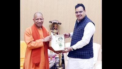 Uttar Pradesh Chief minister Yogi Adityanath meets Rajasthan CM Bhajanlal Sharma, in Lucknow on Friday. (ANI Photo) Uttar Pradesh Chief minister Yogi Adityanath meets Rajasthan CM Bhajanlal Sharma, in Lucknow on Friday. (ANI Photo)