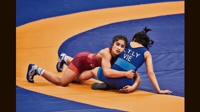 Wrestler Vinesh Phogat in a 2020 bout. During recovery following her ACL surgery last year, Phogat had to keep her fighting impulse in check, to make sure she doesn’t push too hard and get injured again. (HT Archives) Wrestler Vinesh Phogat in a 2020 bout. During recovery following her ACL surgery last year, Phogat had to keep her fighting impulse in check, to make sure she doesn’t push too hard and get injured again. (HT Archives)