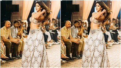 Her exquisite lehenga attire features a plunging neckline bralette with intricate mirror work detailing all over. Paired with a matching off-white skirt, it features a chic mirror-work corset pattern at the waist and a striking design all over the skirt adding to the glamour factor. (Instagram/@shanayakapoor02) Her exquisite lehenga attire features a plunging neckline bralette with intricate mirror work detailing all over. Paired with a matching off-white skirt, it features a chic mirror-work corset pattern at the waist and a striking design all over the skirt adding to the glamour factor. (Instagram/@shanayakapoor02)