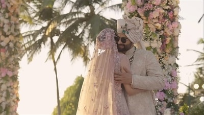Once on stage, Rakul Preet Singh and Jackky Bhagnani's sweet interaction before their varmala ceremony, where they both put floral garlands around each other's neck, also cannot be missed. Jackky gave his bride a big hug as he saw her. 
