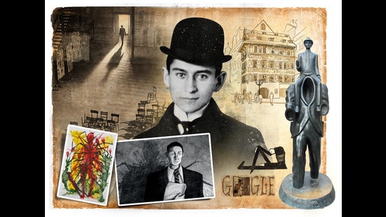 (Clockwise from top) A still from Orson Welles’s 1962 film The Trial. A portrait of Kafka from around 1905. The house at the Old Town Square in Prague, where he grew up. A statue in Prague, which shows Kafka riding on the shoulders of a headless man, draws from the 1912 story Description of a Struggle. A drawing by Kafka found in one of his notebooks. A Google doodle from his 130th birthday in 2013, pays tribute to The Metamorphosis. A graphic novel adaptation of The Metamorphosis by Søren Jessen, and a painting by Miquel Barceló inspired by the same novel. (Getty Images, Adobe Stock)