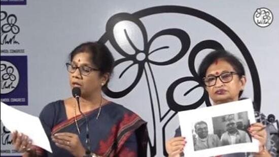 Industry minister Shashi Panja and minister of state for finance Chandrima Bhattacharya said at a press conference on Friday that the BJP has lost the moral right to raise slogans such as Beti Bachao (X/AITCofficial)